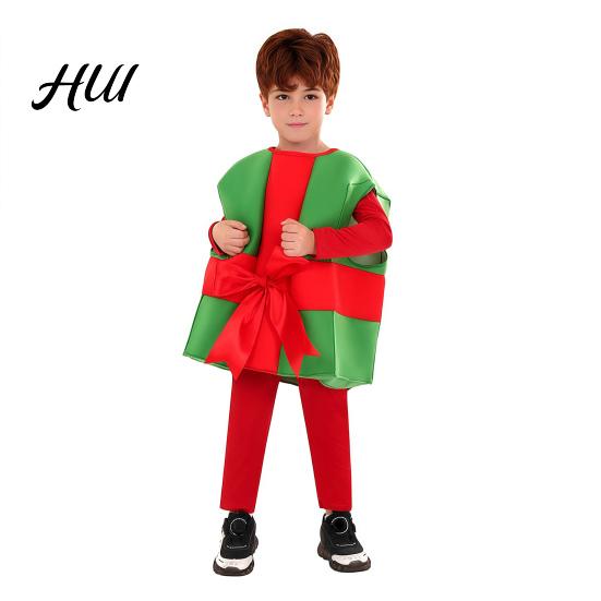 Creative Gift Box Design Outfit Christmas Costume for Kids, Santa Dress Up Kids Halloween Party Clothing Party, Soft Plush Holiday Performance