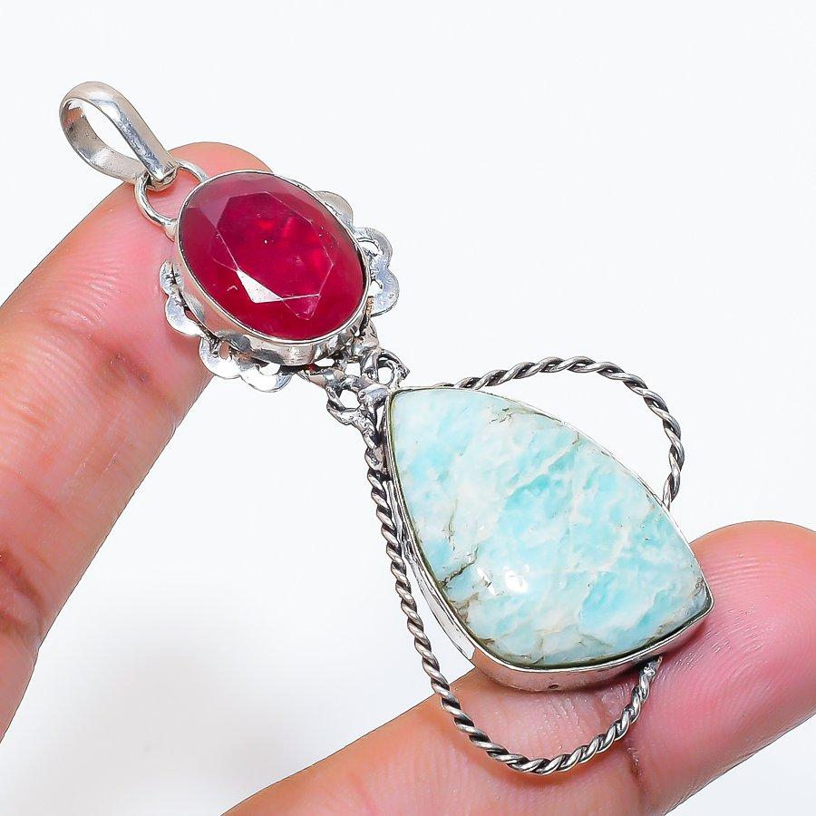 Natural Amazonite, Jade Gemstone 925 Sterling Silver Jewelry Pendant 2.68" ZS-537