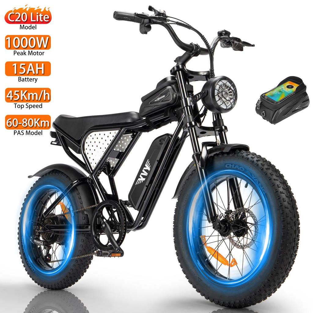 Electric Bike YVY 20"Fat 1000W Motor 48V 15AH City Ebike Max  Range 80Km Load 150Kg Black C20 Lite