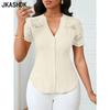 Женские модные повседневные летние весенние однотонные блузки и рубашки с v-образным вырезом и короткими рукавами с принтом