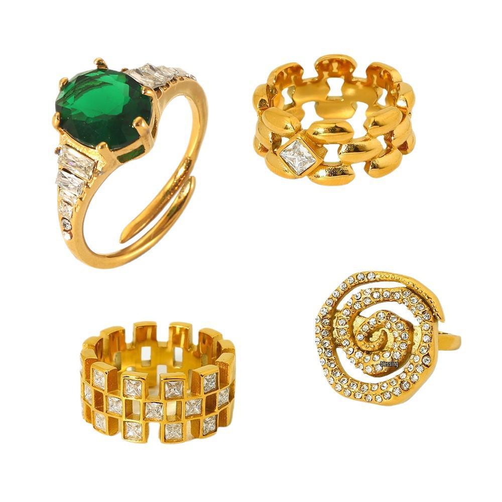 Многослойное спиральное кольцо с геометрическими элементами из циркона, покрытое 18-каратным золотом, для женщин - Водонепроницаемая нержавеющая сталь с кристаллами