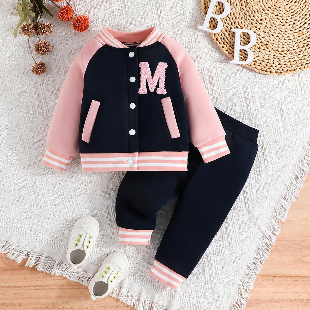KidsJacket Set New Baseball Uniform Letters Long-sleeved Jacket Solid Colour + Trousers Two-piece Children's Suit 6M-3Y