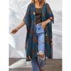 Women's Chiffon Kimono Cardigan, Floral Print, Open Front Sun Protection Cover Up, Casual Vacation Style, Blue With Autumn Leaves Design