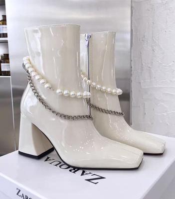 Модные ботильоны Aphixta на высоком каблуке 7,5 см, с квадратным носком, роскошной жемчужной металлической цепочкой, из лакированной кожи, женская обувь, элегантные ботильоны