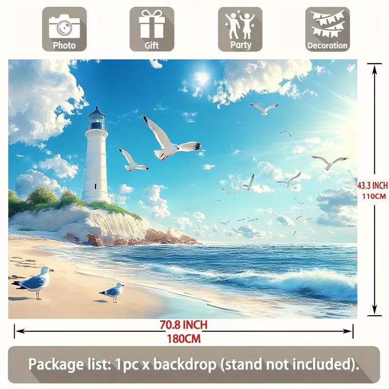 2D Flat Print Seaside Lighthouse Backdrop Beach Party Background Cloth
