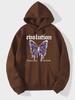 Dark Aesthetic Drip Purple Butterfly Evolution Text Front Print Hoodie Solid Black Loose Polyester Autumn Sweatshirt
