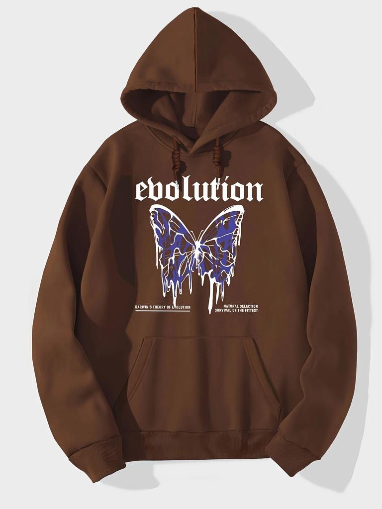 Dark Aesthetic Drip Purple Butterfly Evolution Text Front Print Hoodie Solid Black Loose Polyester Autumn Sweatshirt