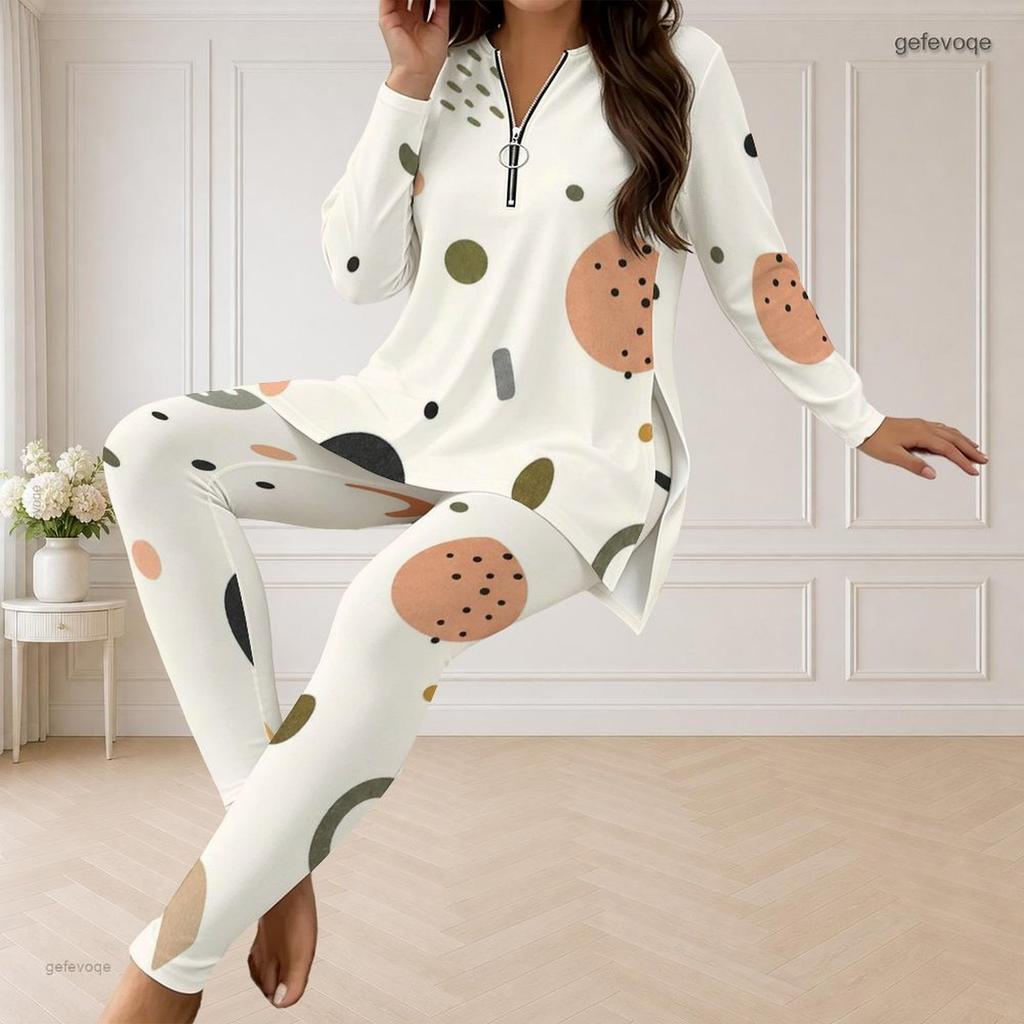 Women Plus Size Two Piece Set Half Zip Long Sleeve Plaid Printed Longline Top And Fitted Pants