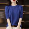 Spring Women's T-shirt Round Neck Knitted T-shirt Solid Colour Hollow Out Tops Knitwear