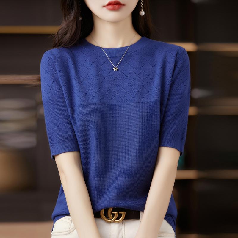 Spring Women's T-shirt Round Neck Knitted T-shirt Solid Colour Hollow Out Tops Knitwear