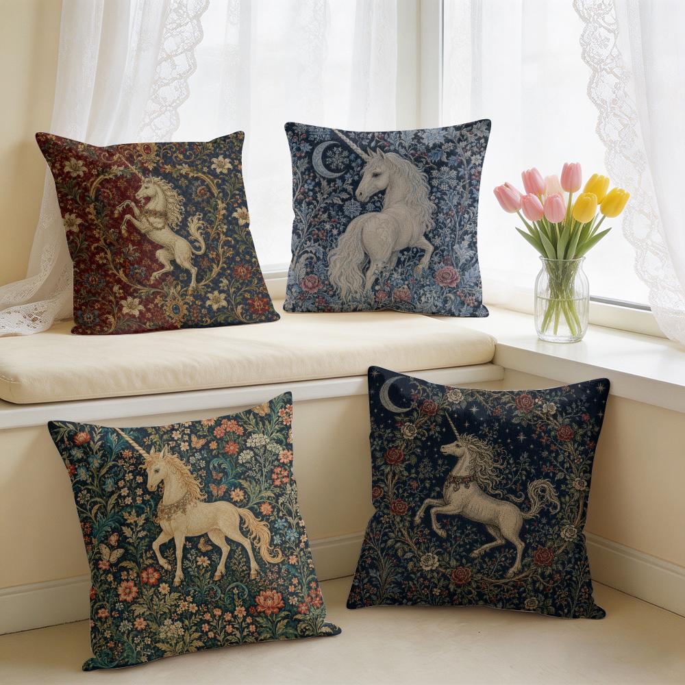 Unicorn Millefleurs Cushion Cover Double-Sided Plush Sofa Cushion Covers Organic Breathable Invisible Zipper