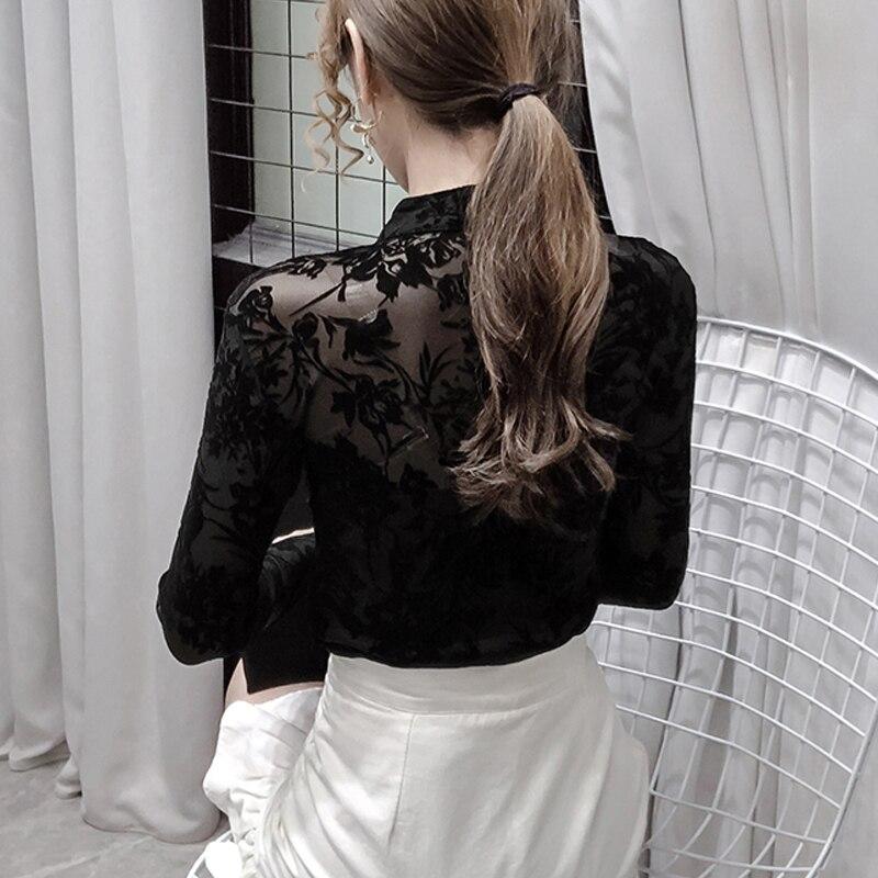 Hollow Vintage Long Sleeve Blouse Women Mesh See Through Sexy Womens Shirts Autumn Womens Mesh Retro Lace Female Shirts 11010