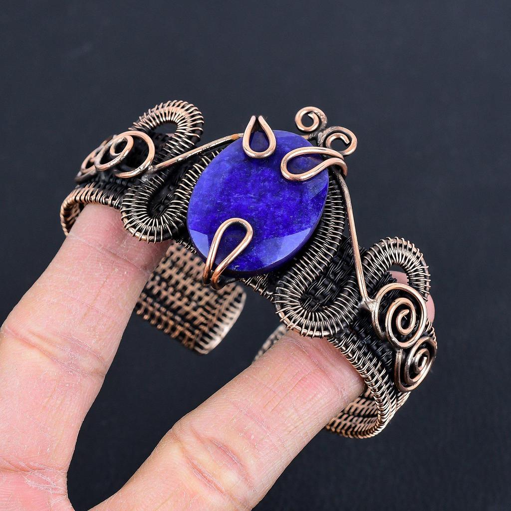 Браслет с синим сапфиром, Браслет с драгоценным камнем ручной работы, Антикварные украшения, обернутые медной проволокой 999 пробы, Для подарка на помолвку