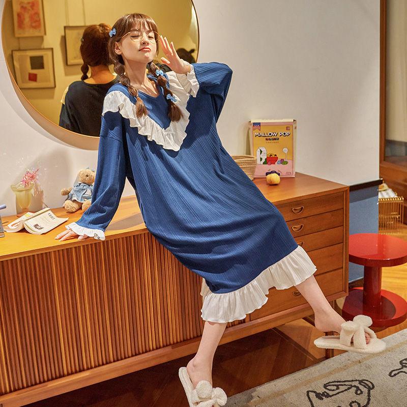 Pajama Dress Women's New Spring and Autumn Princess Style Pure Cotton Long-sleeved Pajama Dress Pajamas Home Wear