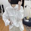 Solid Color Retro Lantern Sleeve Ruffled Shirt, Women's Plus Size, Cotton & Linen Long-Sleeve Top for Early Spring 2024
