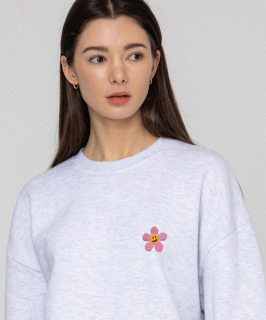 GRAVER [Unisex] Pink Flower Dot Embroidered Sweatshirt_Melange White