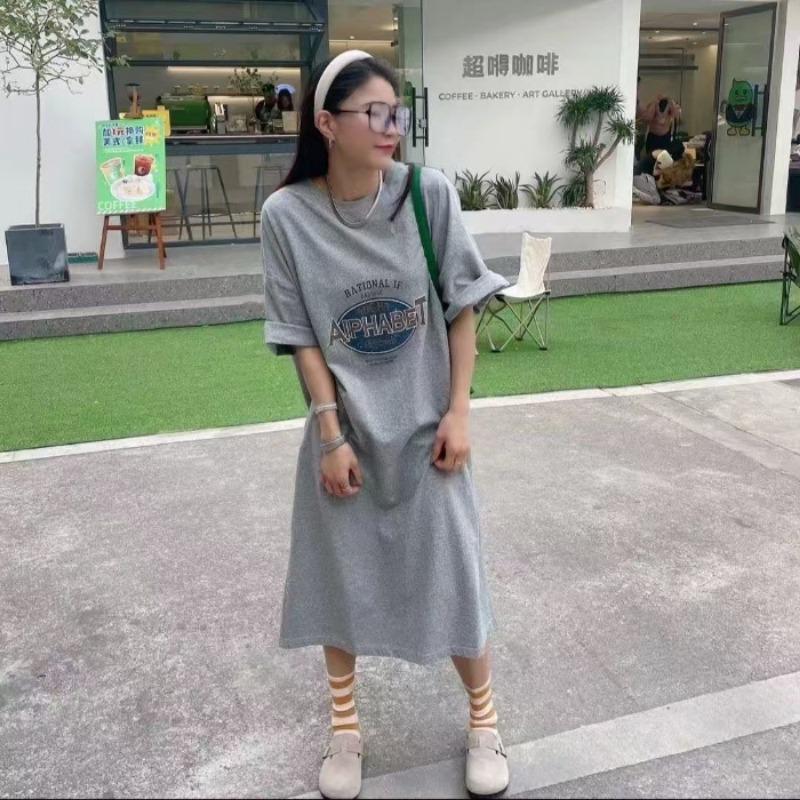 Женское повседневное платье-футболка с круглым вырезом и короткими рукавами, свободное платье больших размеров средней длины, выше колена, летнее платье