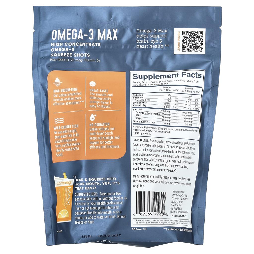 Omega 3 Max, High Concentration Omega 3 Squeeze Shot, Citrus Burst, 90 Packets, 2.5G Each