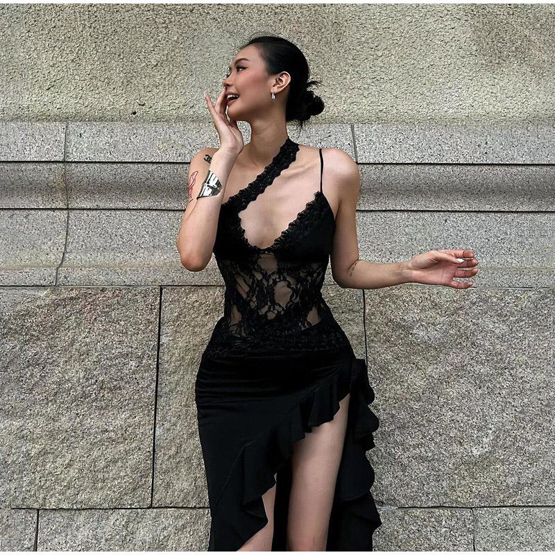 Сексуальное платье-слинг с косым воротником, женское кружевное лоскутное платье с открытой спиной и рукавами, облегающее длинное платье 2025 года, новое женское вечернее платье с оборками и разрезом