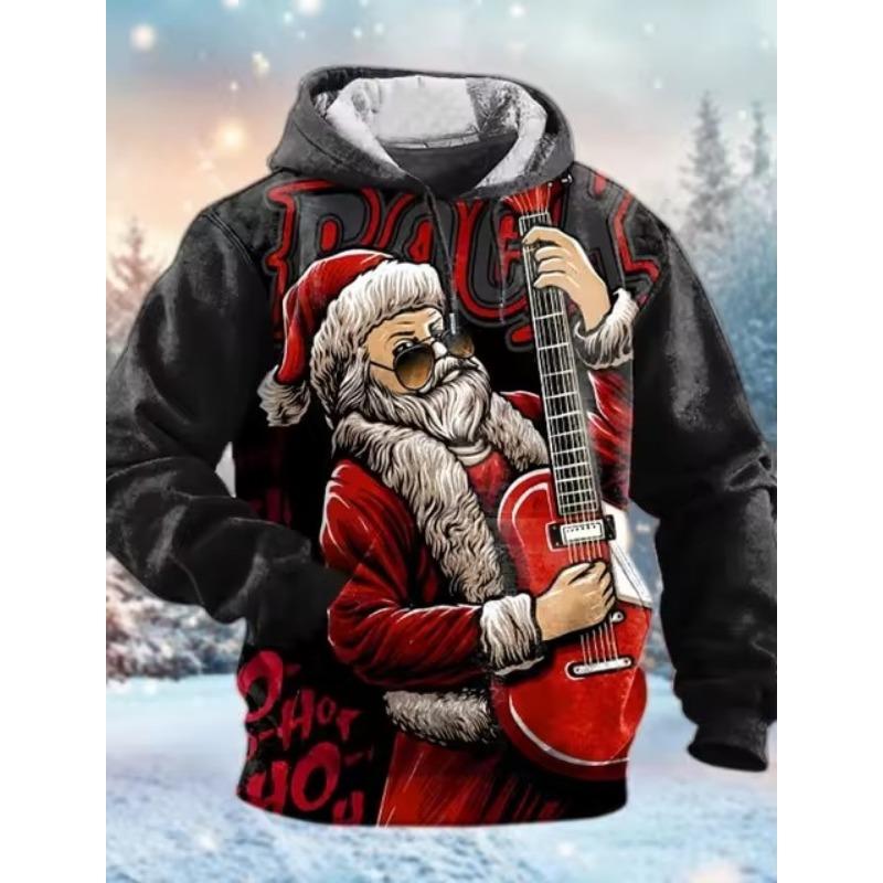 Holiday Santa Print Hoodie for Men, Diverse Christmas Figure and Snowflake Scene Pattern Full Graphic Loose Pullover, Perfect for Outdoor Trips