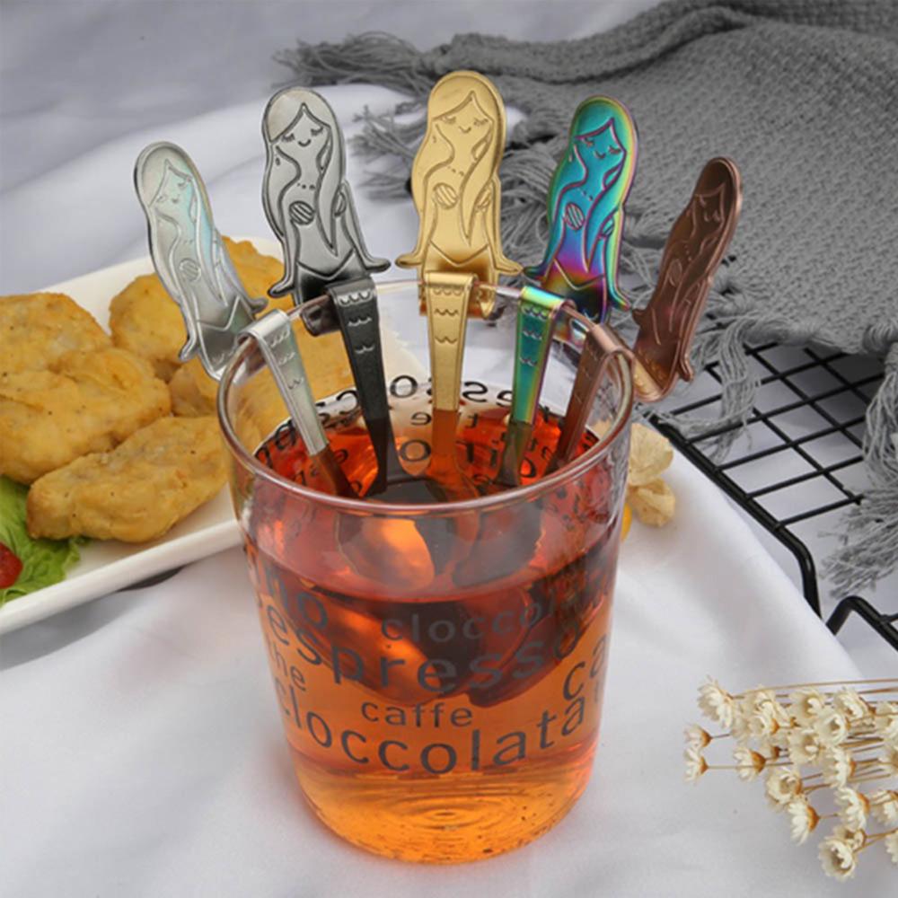 Cute Mermaid Spoon 304 Stainless Steel Teaspoon Long Handle Coffee Spoons Sugar Dessert Appetizer Seasoning Bistro Flatware Hanging Cup Scooper Drink