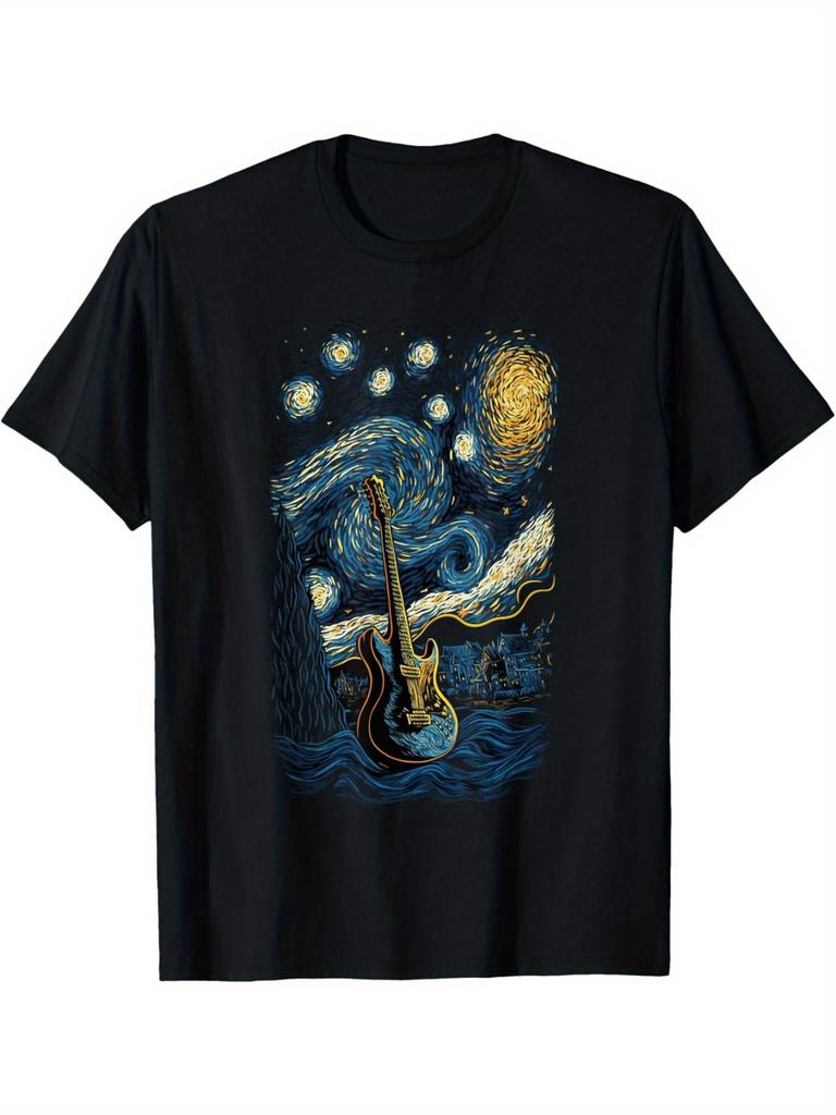 Мужская футболка Van Gogh Starry Night Guitar Художественный музыкальный фьюжн дизайн Хлопок Обычная посадка Круглый вырез Футболка Мужская Удобная