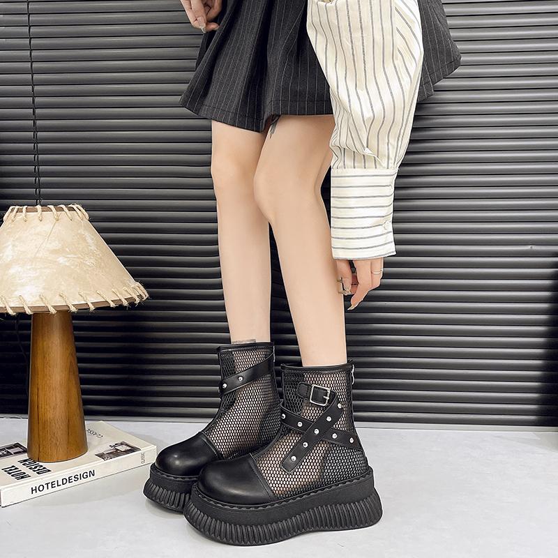 Fashion 2025 New Mesh Breathable Summer Ankle Boots for Women Hollow Out Thick Bottom Cool Boots Woman Chunky Platform Punk Boots