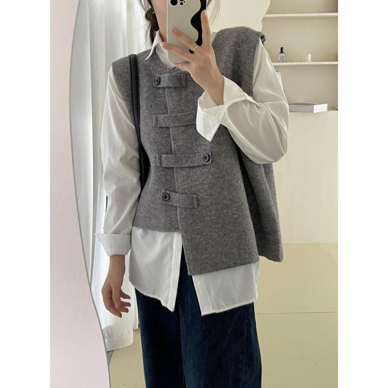 Весна и осень Наружная одежда внахлест Кардиган Камзол Темперамент Литературный стиль Нишевый дизайн Нерегулярный вязаный жилет Жилет для женщин