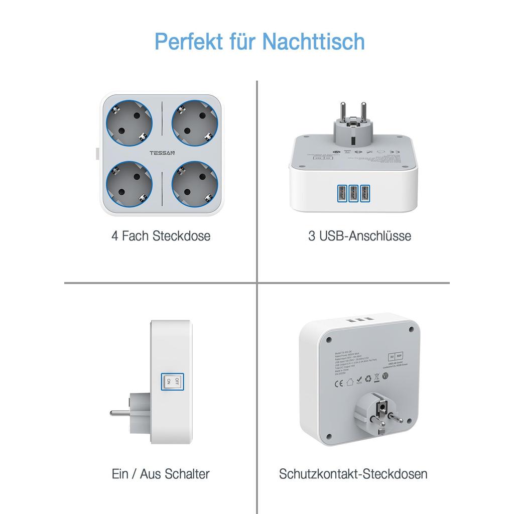 Tessan Europe USB Sockets Power Strip with 2/3 USB Ports 2/4 AC Outlets Wall Socket Adapter for Smartphone, Laptop, Camera