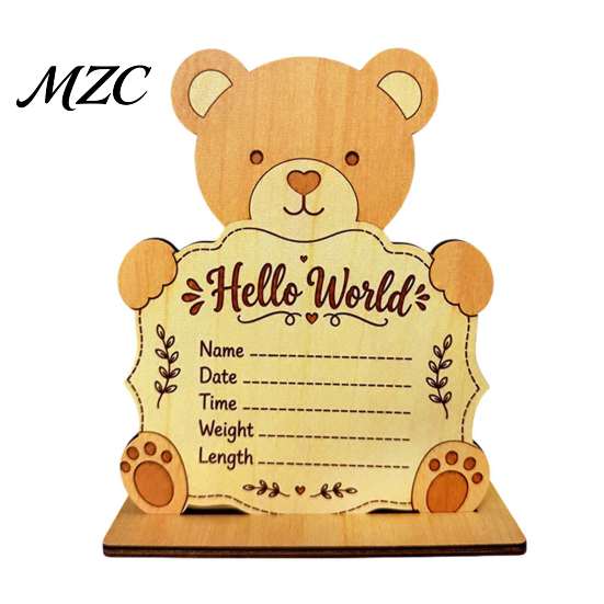 Wooden Baby Memory Sign Birth Announcement Sign, Cute Bear Hello World Newborn Welcome Personalized Name Plaque with Stand, Plaques for Photo
