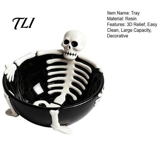 Decorative Resin Tray Halloween Skeleton Lounging Tidbit Serveware, 3D Relief Candy Bowl for Gothic Kitchenware Snacks Dips, Creative Party