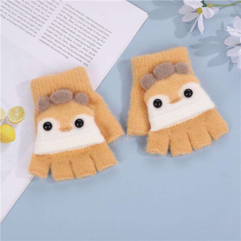 Children's Gloves Autumn and Winter Warm Half-finger Flip Cartoon Cute Knitted Fingerless Baby Plus Velvet and Thickening for Men