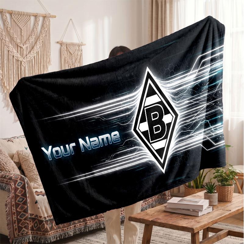 Borussia Mönchengladbach Personalized Fleece Blanket With Football Logo, Custom Name Text Soft Warm Home Throw Blanket