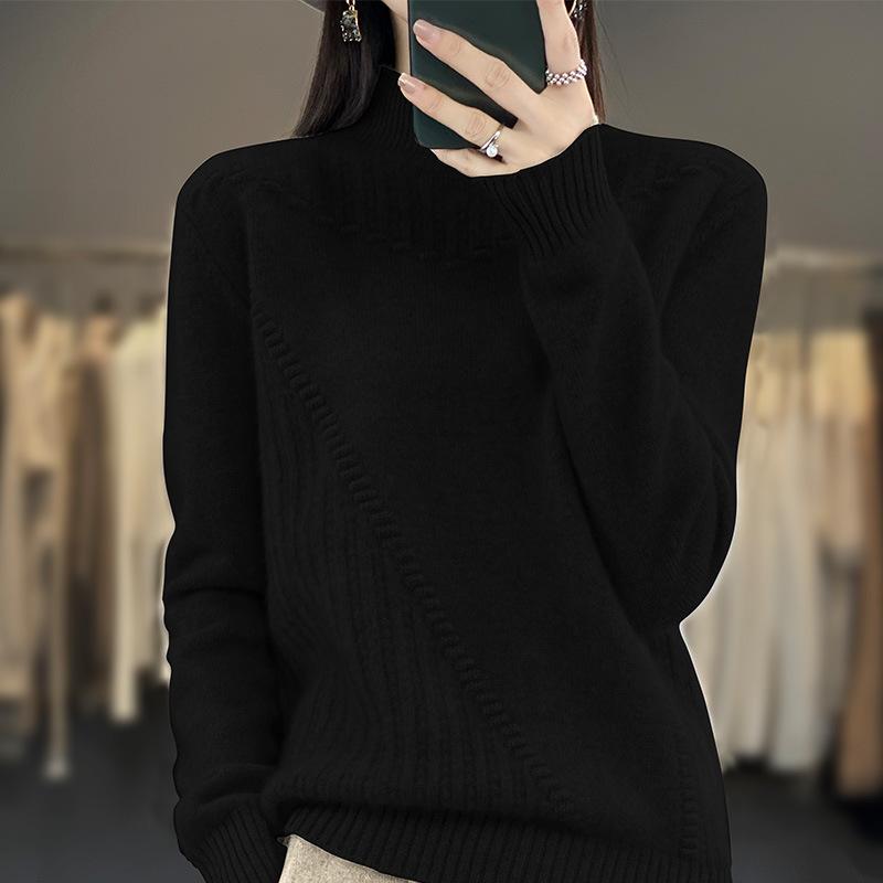 IHUASU Half High Neck Thickened Jumper Women's Fashion Versatile Loose Knitted Bottoming Shirt Autumn and Winter Tops