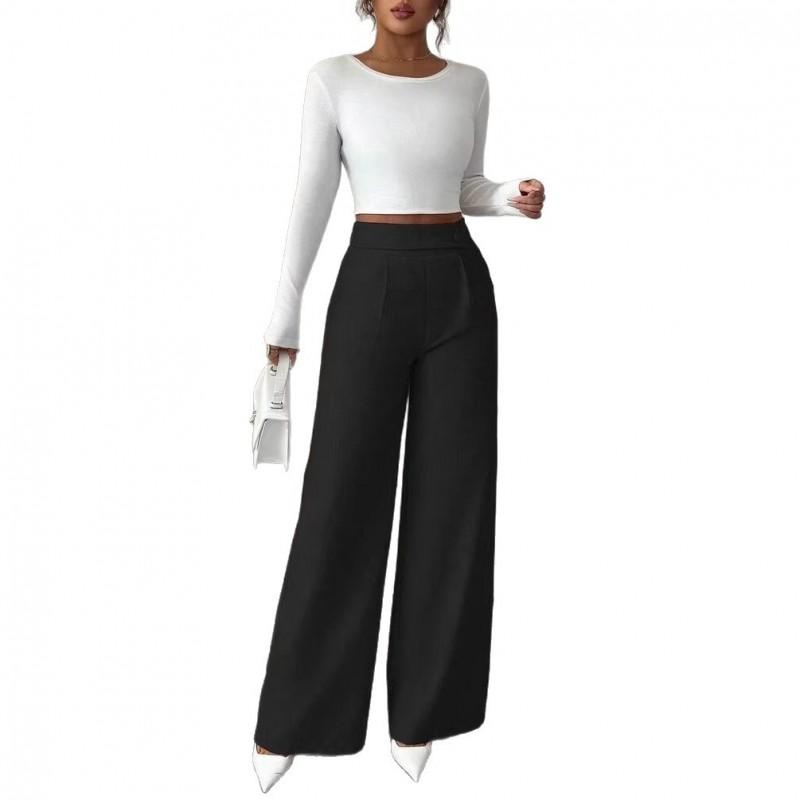 2026 Womens High Waist Stitched Button Decor Relaxed Fit Casual Versatile Trousers
