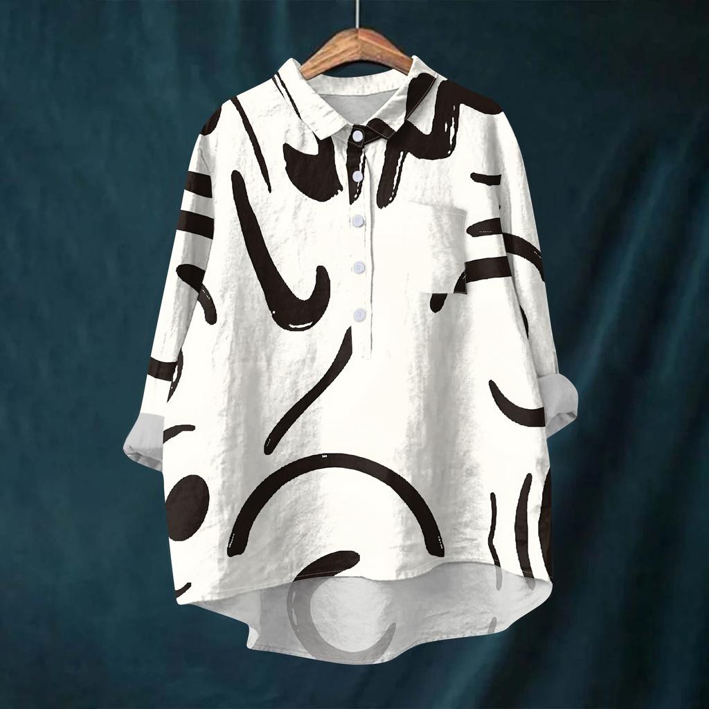 Женская рубашка-блузка с длинными рукавами и принтом на пуговицах, повседневный подол, нестандартный воротник рубашки