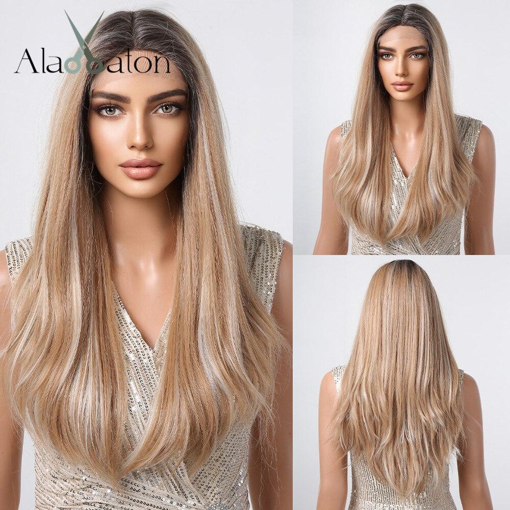 ALAN EATON Основные моменты Блондинка Парик фронта шнурка Длинный прямой синтетический парик Натуральная линия волос Светлые парики для женщин Высокая температура