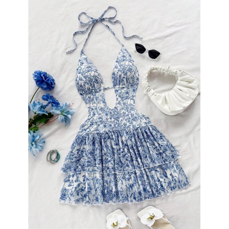 Womens Sleeveless Halter Dress - Sexy Backless Pleated Slim Fit Short Beach Daily Dating