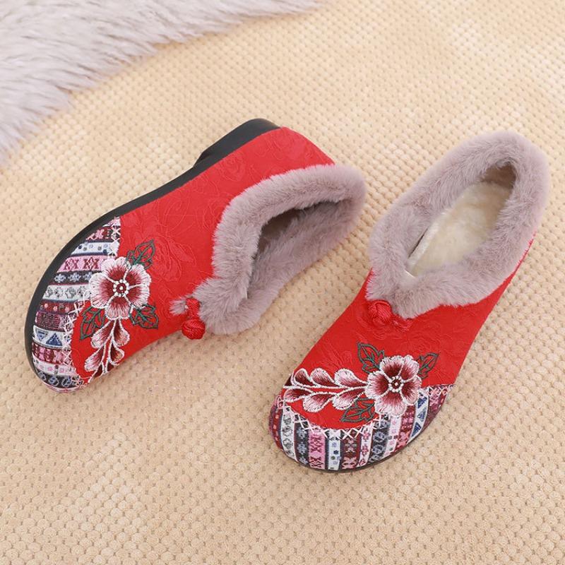 Модная женская обувь из короткого плюша, теплая зимняя хлопковая обувь в этническом стиле с вышивкой, с круглым носком, на плоском каблуке, лоферы, удобная нескользящая ретро-обувь для мамы