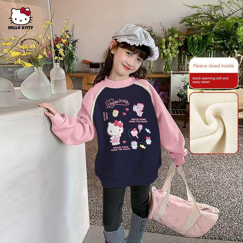 Детский флисовый свитшот Hello Kitty Осень-Зима 2024 Новый Стиль Средний и Большой Размеры Детский Мультяшный Свитшот-Пуловер