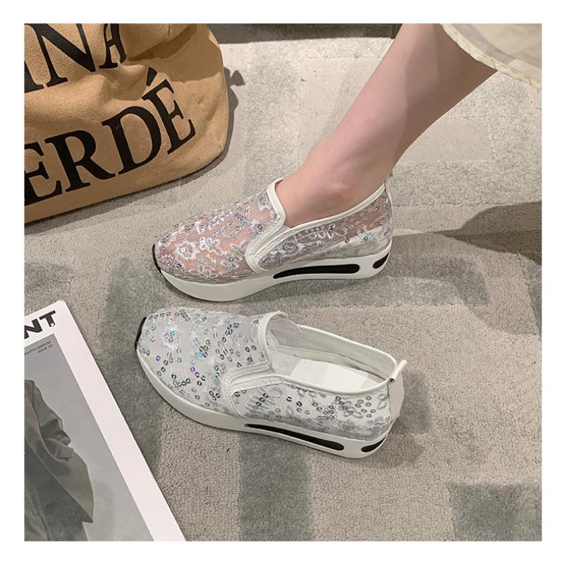 Женские одиночные туфли с приподнятой внутренней частью, весенне-летняя корейская версия, повседневная женская обувь с кружевной сеткой и пайетками, на толстой подошве