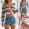 Summer Hollowed-out Contrasting Color Striped Tie Long-sleeved Crop Top Knitted Cardigan Sun Protection Shirt for Women