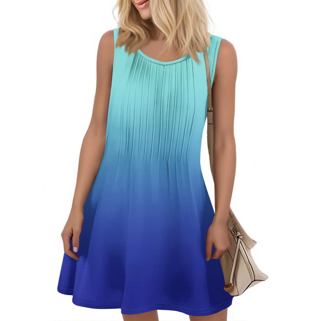 Ladies Fashion Summer Gradient Print Dress Loose Beach Vacation Casual Sleeveless Sundress