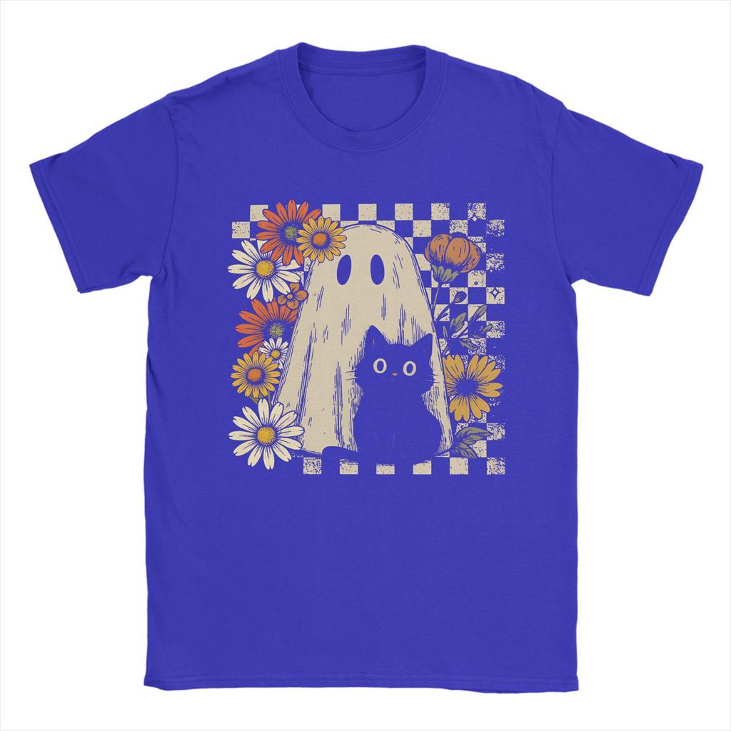 Boho Floral Fall Ghost Cat Halloween T Shirt Summer Hippie T-Shirts Mens Cotton O Neck Oversize Tees Short Sleeves Tshirt