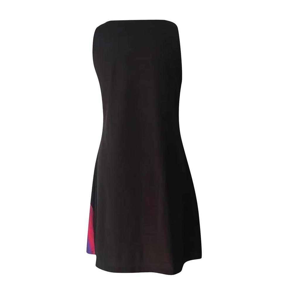 Women Summer V-neck Print Hollow Out Sleeveless Loose Tank Mid Dresses