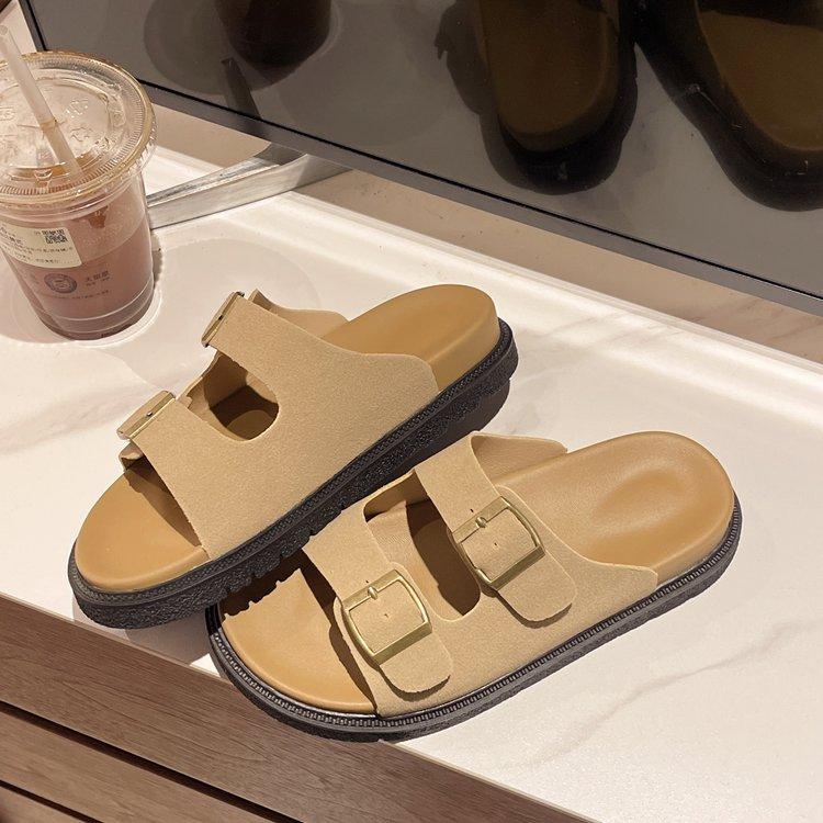 Thick-soled Cool Slippers for Women To Wear Summer New Retro Leather Buckle One-word Slippers Beach Casual Sandals