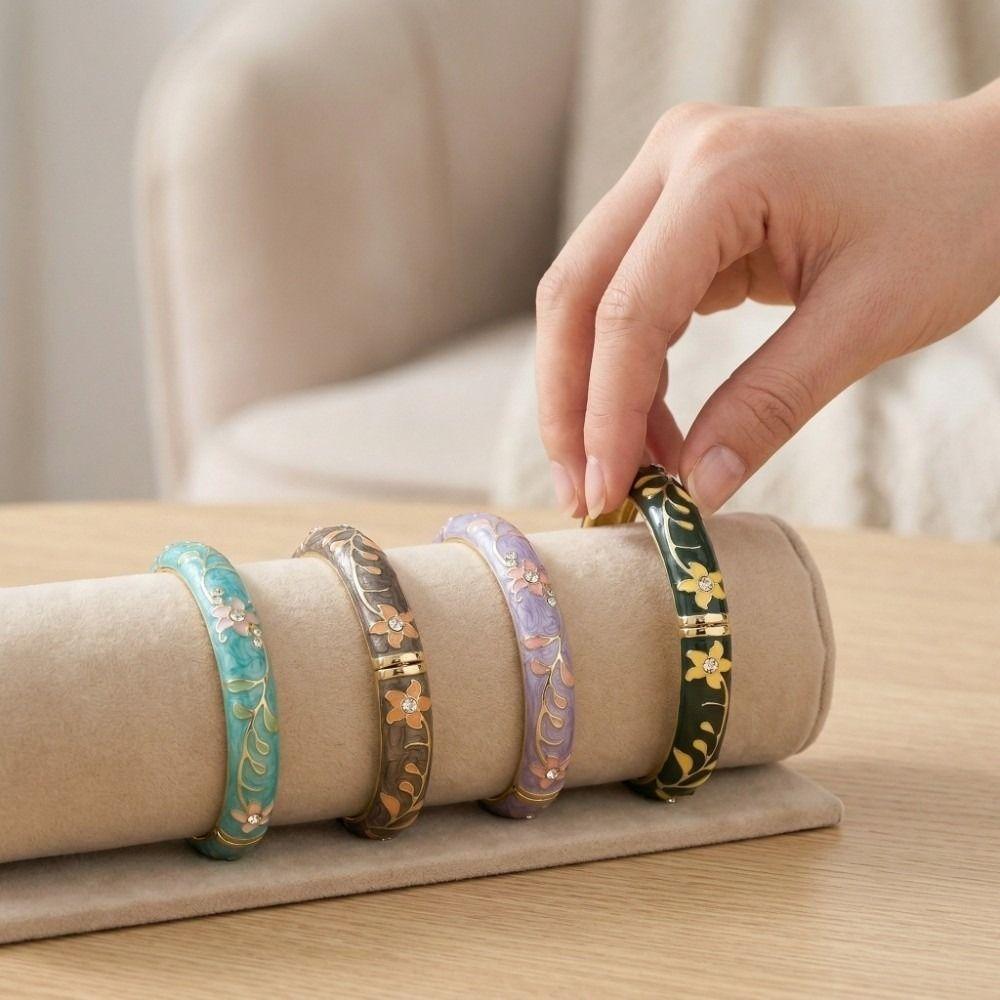 Enamel Floral Flower Crystal Bangle Colorful Women's Hand Bracelet Vintage Cloisonne Bangle Ladies