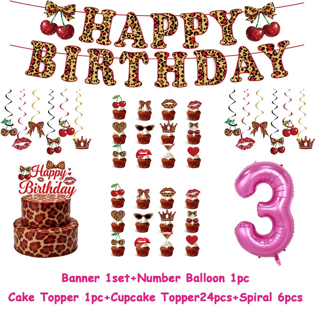Pink Cherry Leopard Theme Birthday Party Decoration Plate Cup Balloon Banner Sexy Women Girls Shiny Photography Background Gifts