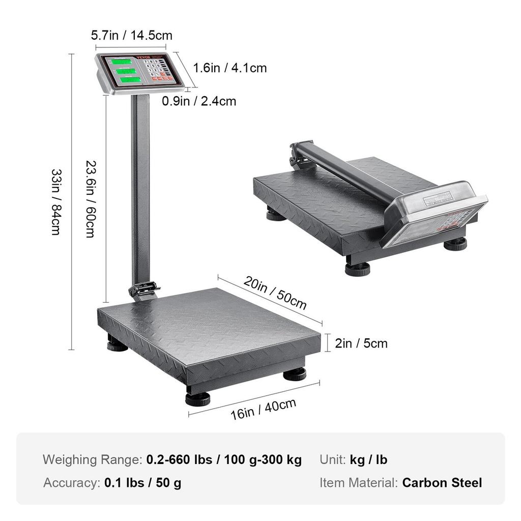 Computing Digital Platform Scale, 300 kg Load, 50 g High Accuracy, Electronic Floor Scale with LB/KG, Tare, Price Calculator, AC/DC Power Supply, Fit