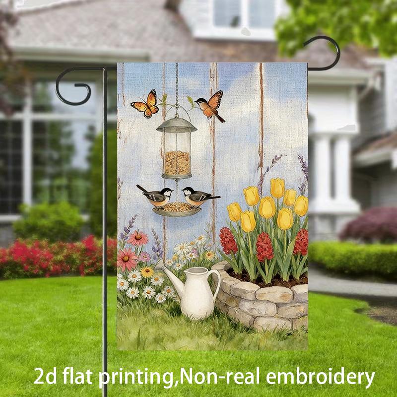 2D Flat, 1pc, 2D Flat Printing, Pastoral-style Bird and Floral Garden Flag, Polyester Material, Multiple Sizes, Machine Washable and Durable for Outdo